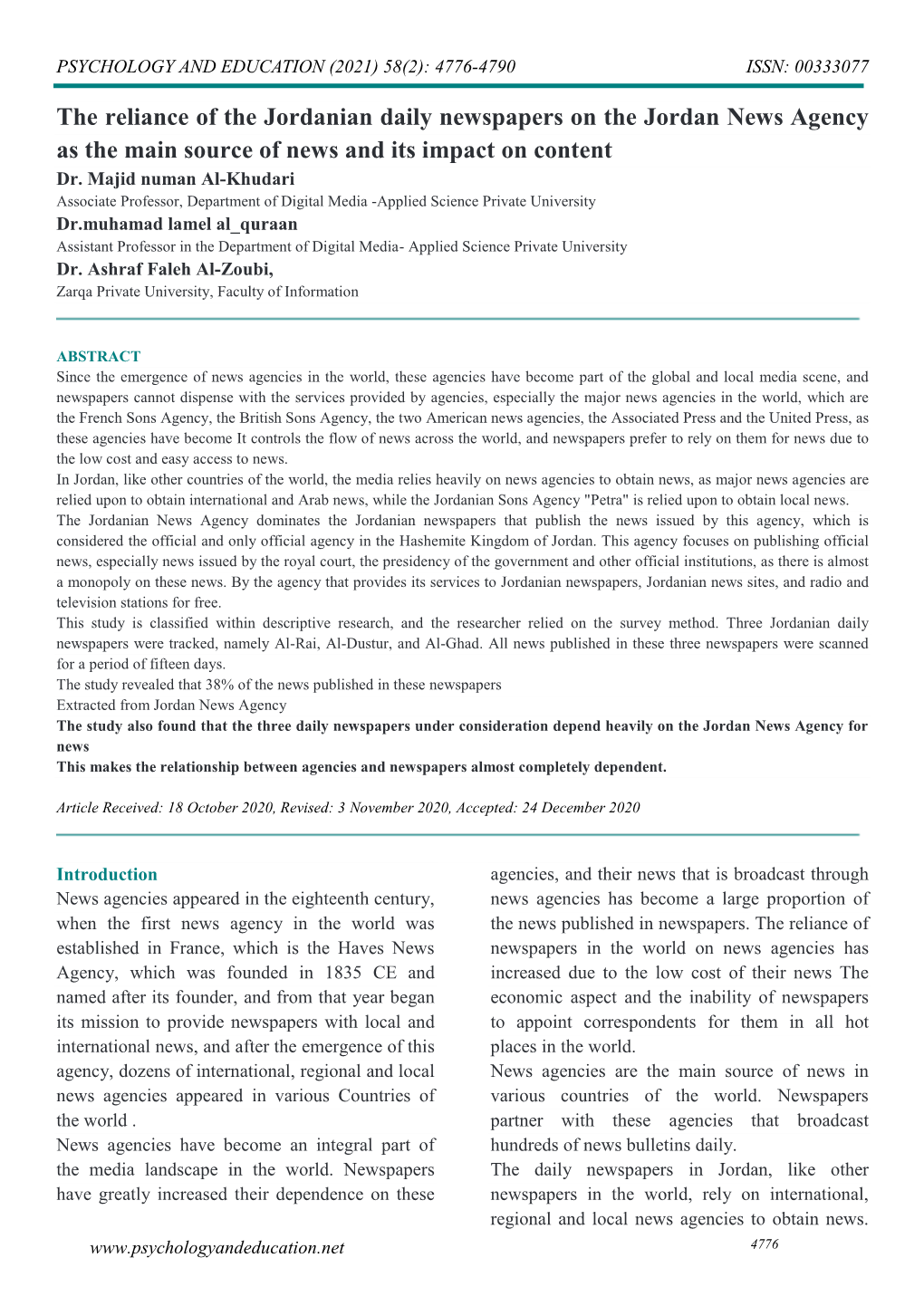 The Reliance of the Jordanian Daily Newspapers on the Jordan News Agency As the Main Source of News and Its Impact on Content Dr