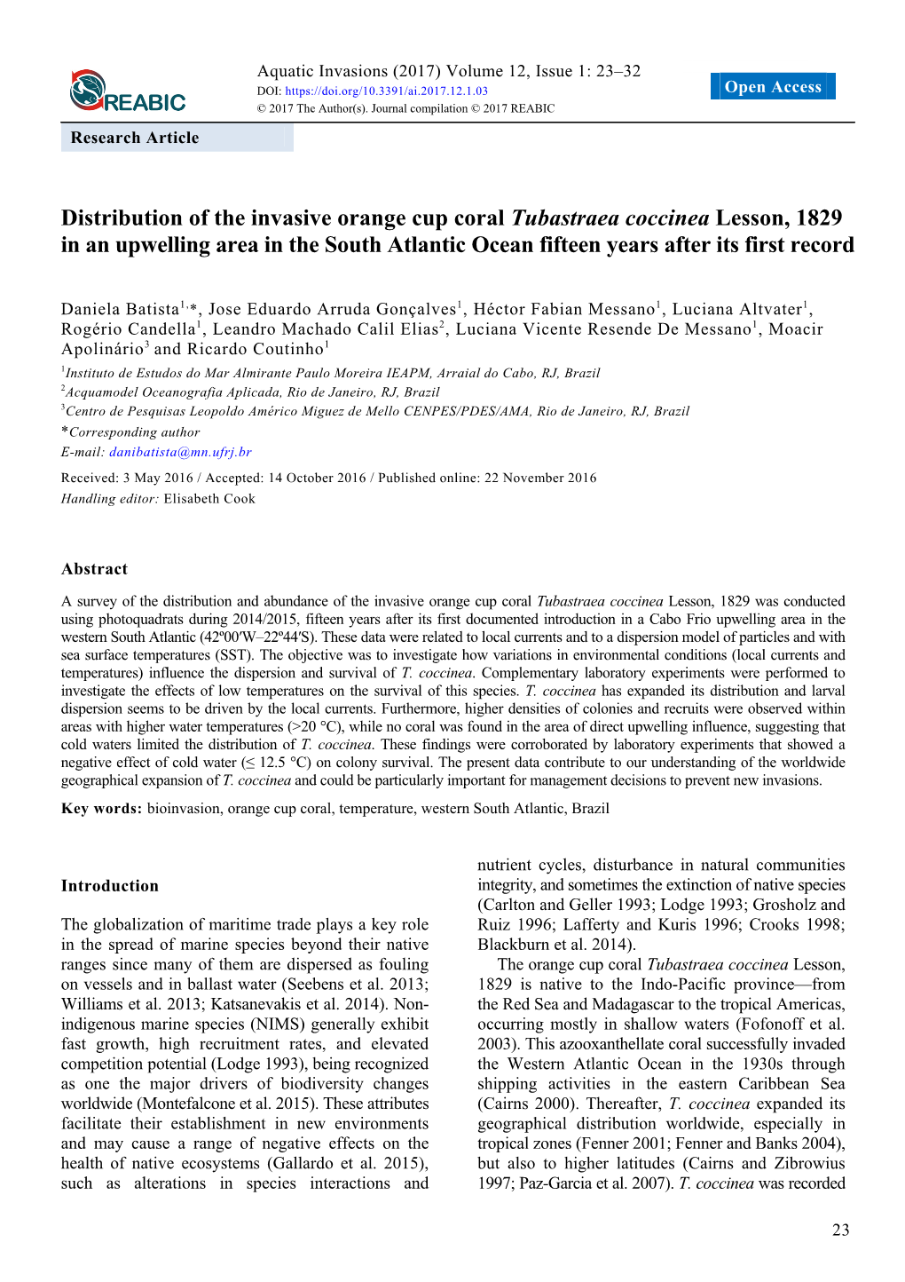 Distribution of the Invasive Orange Cup Coral Tubastraea Coccinea Lesson, 1829 in an Upwelling Area in the South Atlantic Ocean Fifteen Years After Its First Record