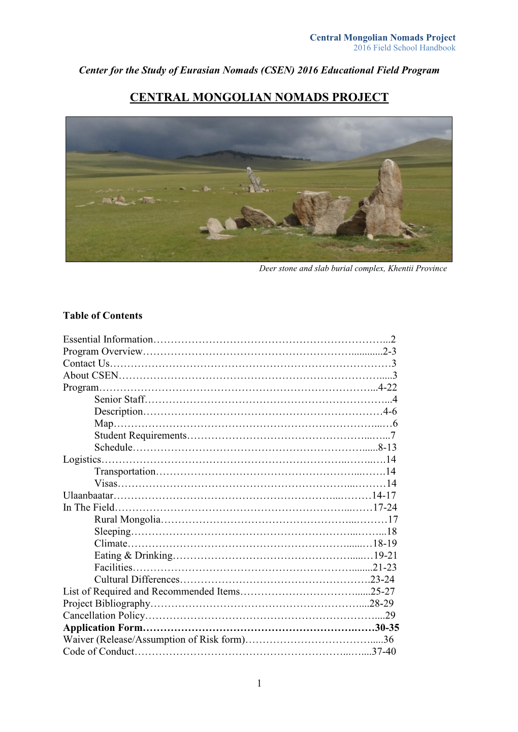 Central Mongolian Nomads Project 2016 Field School Handbook