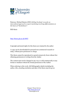 Paterson, Michael Bennis (2001) Selling Scotland: Towards an Intercultural Approach to Export Marketing Involving Differentiation on the Basis of "Scottishness"
