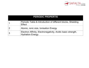 PERIODIC PROPERTIS 1 Periodic Table & Introduction of Different Blocks, Shielding Effect 2 Atomic, Ionic Size, Ionisation E
