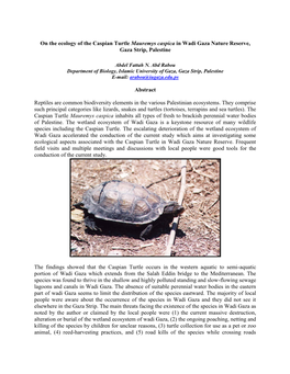 On the Ecology of the Caspian Turtle Mauremys Caspica in Wadi Gaza Nature Reserve, Gaza Strip, Palestine