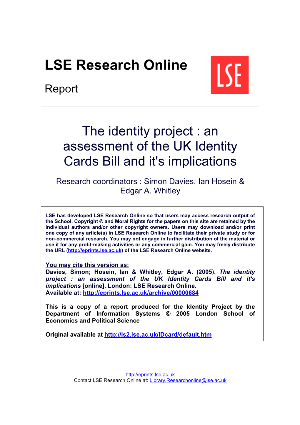The Identity Project : an Assessment of the UK Identity Cards Bill and It's Implications