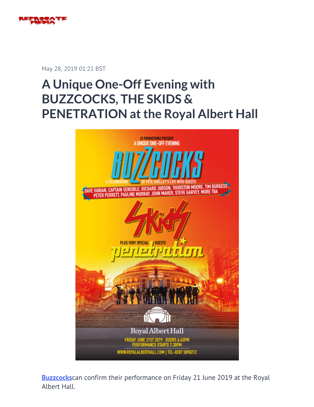 A Unique One-Off Evening with BUZZCOCKS, the SKIDS & PENETRATION at the Royal Albert Hall