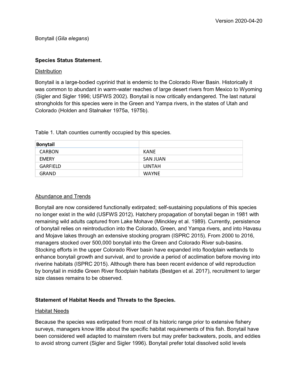 Version 2020-04-20 Bonytail (Gila Elegans) Species Status Statement