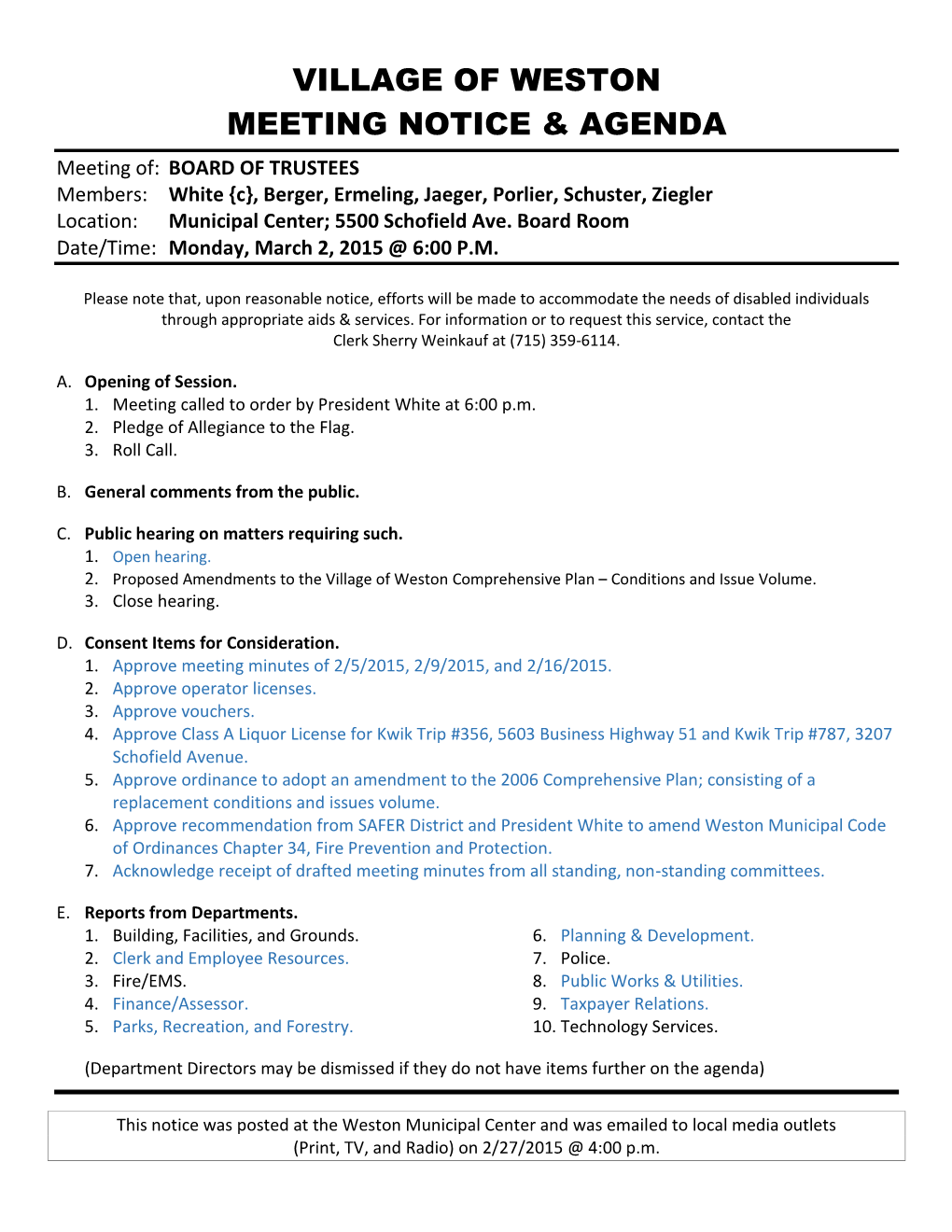 Village of Weston Meeting Notice & Agenda