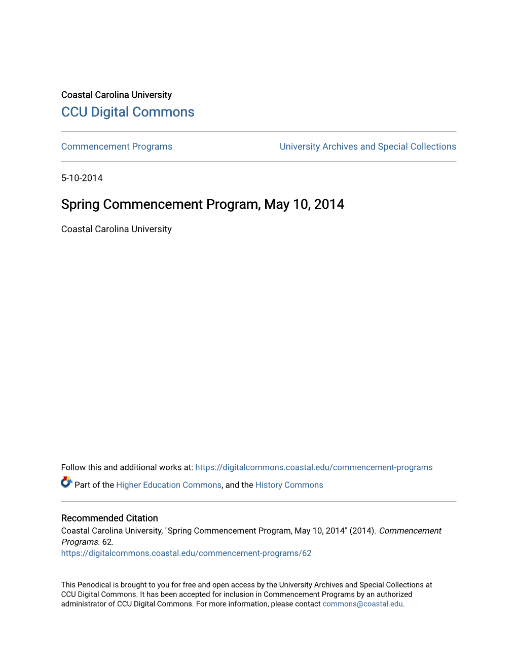 Spring Commencement Program, May 10, 2014