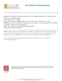 Dispatches of Spanish Officials Bearing on the Free Negro Settlement of Gracia Real De Santa Teresa De Mose, Florida Author(S): Irene A