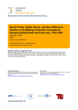 Racial Purity, Stable Genes, and Sex Difference: Gender in the Making of Genetic Concepts by Richard Goldschmidt and Fritz Lenz