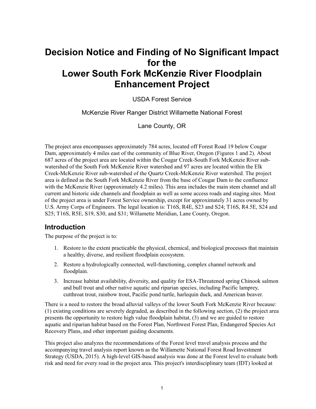 Decision Notice and Finding of No Significant Impact for the Lower South Fork Mckenzie River Floodplain Enhancement Project