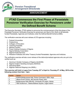 PTAD Commences the First Phase of Parastatals Pensioner Verification
