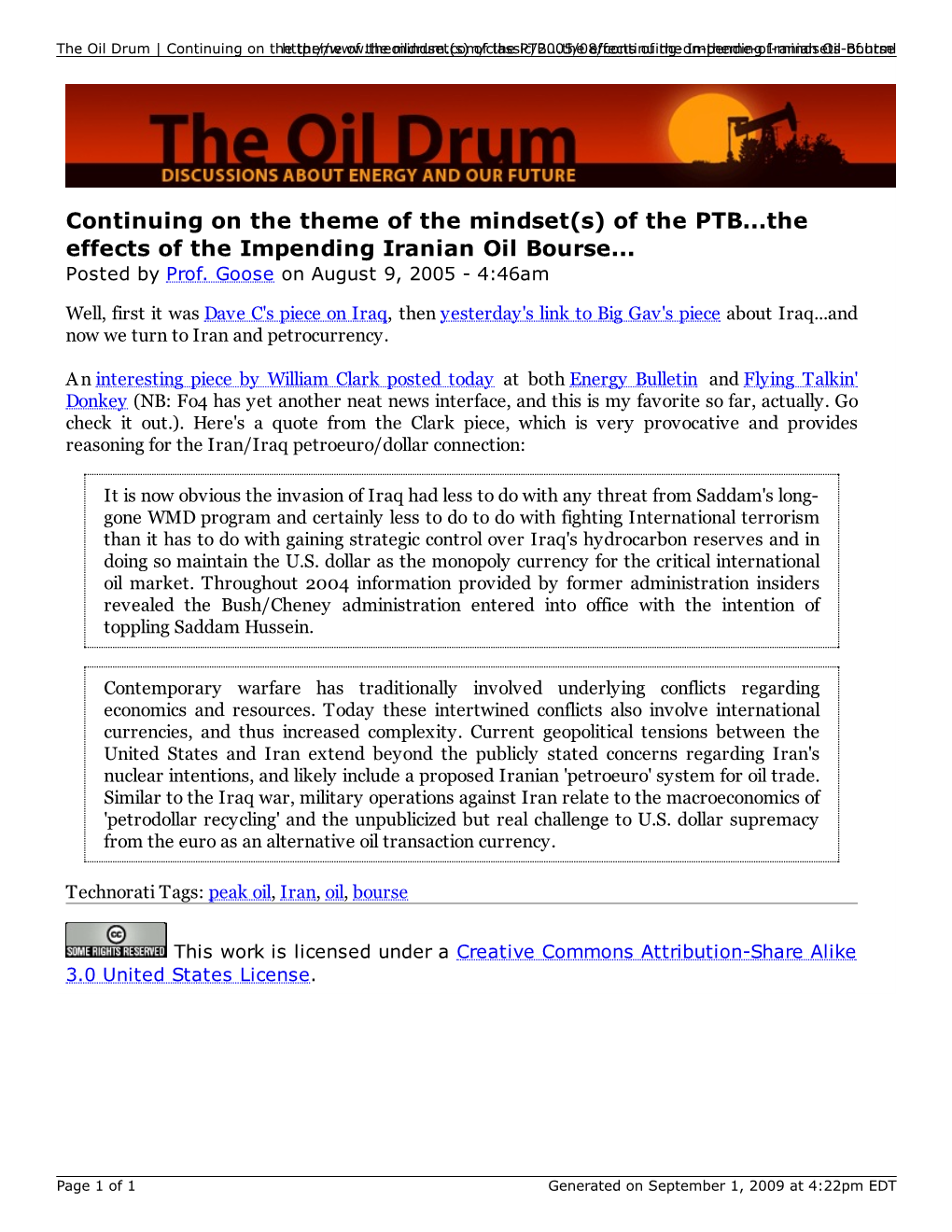 Of the PTB...The Effects of the Impending Iranian Oil Bourse... Posted by Prof