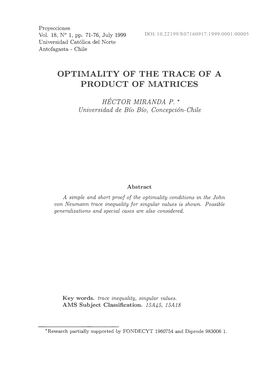 Optimality of the Trace of a Product of Matrices