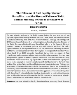 The Dilemma of Dual Loyalty. Werner Hasselblatt and the Rise And
