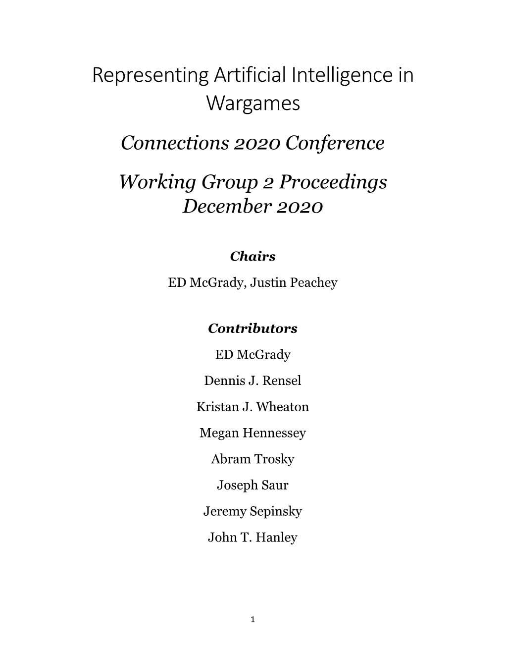 Representing Artificial Intelligence in Wargames Connections 2020 Conference Working Group 2 Proceedings December 2020