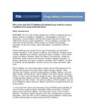 FDA Warns That SGLT2 Inhibitors for Diabetes May Result in a Serious Condition of Too Much Acid in the Blood