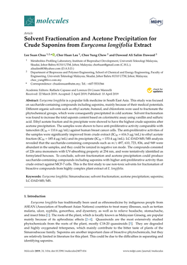 Solvent Fractionation and Acetone Precipitation for Crude Saponins from Eurycoma Longifolia Extract
