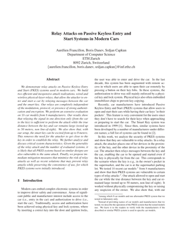 Relay Attacks on Passive Keyless Entry and Start Systems in Modern Cars