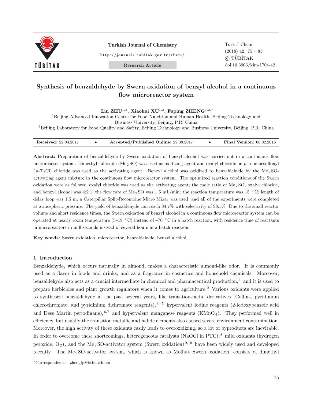 Synthesis of Benzaldehyde by Swern Oxidation of Benzyl Alcohol in a Continuous ﬂow Microreactor System