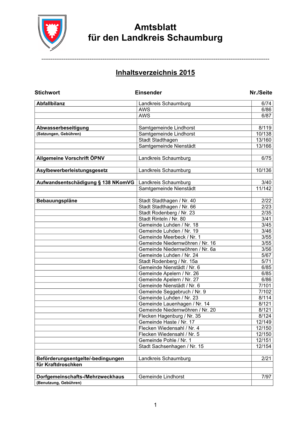 Inhaltsverzeichnis Amtsblatt 2015