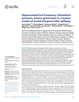 Hippocampal Low-Frequency Stimulation Prevents Seizure Generation in a Mouse Model of Mesial Temporal Lobe Epilepsy