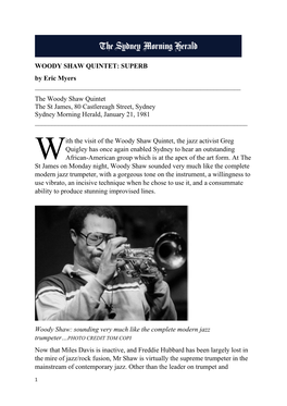 WOODY SHAW QUINTET: SUPERB by Eric Myers ______The Woody Shaw Quintet the St James, 80 Castlereagh Street, Sydney Sydney Morning Herald, January 21, 1981 ______