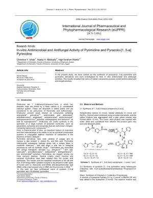 In-Vitro Antimicrobial and Antifungal Activity of Pyrimidine and Pyrazolo-[1, 5-A] Pyrimidine
