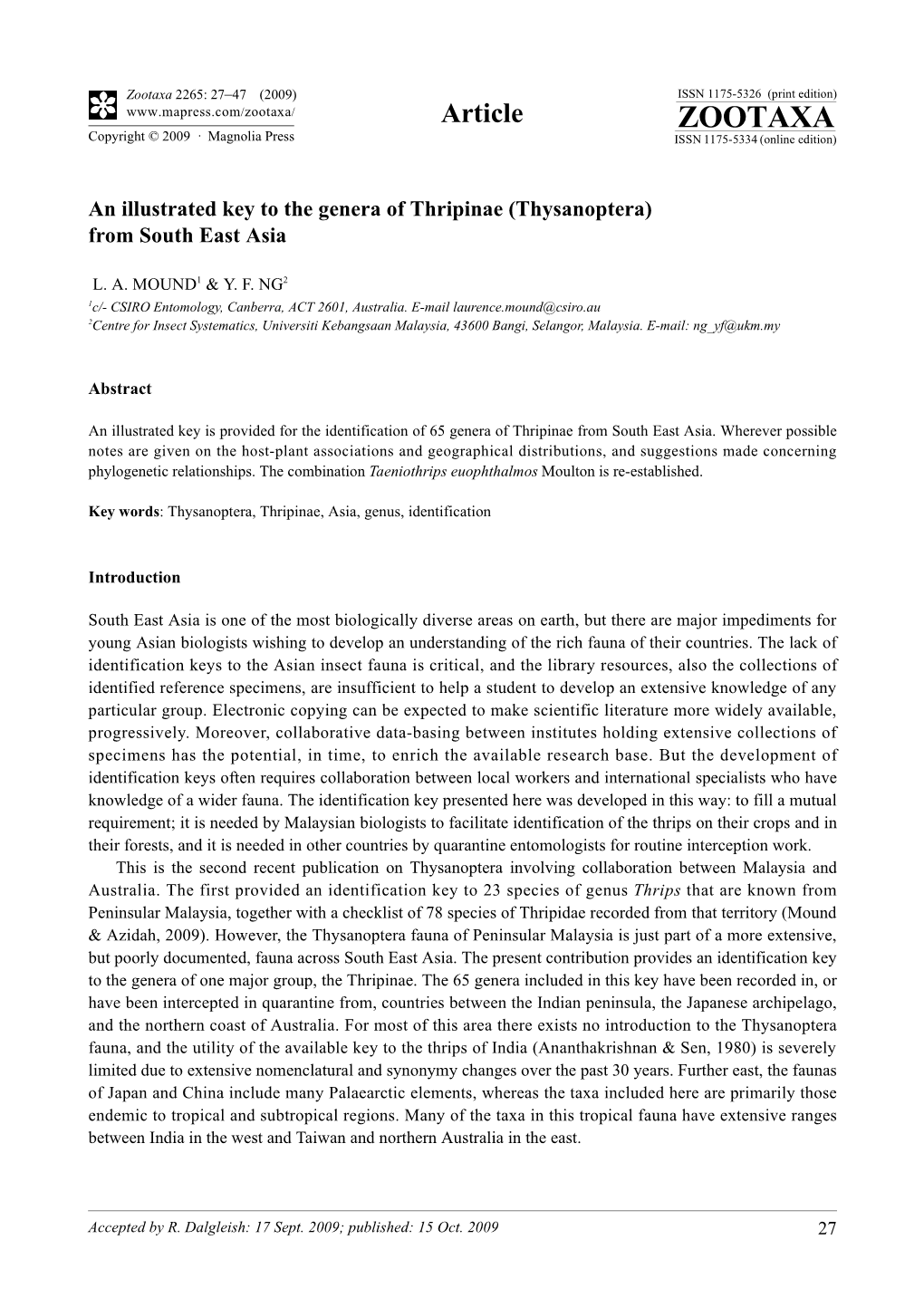 Zootaxa, an Illustrated Key to the Genera of Thripinae (Thysanoptera)