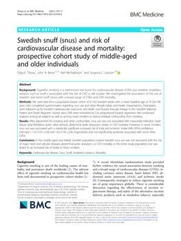 Swedish Snuff (Snus) and Risk of Cardiovascular Disease and Mortality: Prospective Cohort Study of Middle-Aged and Older Individuals Olga E