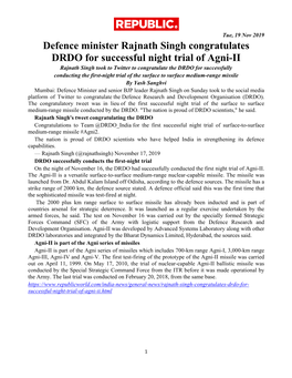 Defence Minister Rajnath Singh Congratulates DRDO for Successful Night Trial of Agni-II