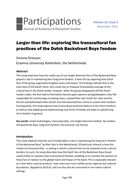 Larger Than Life: Exploring the Transcultural Fan Practices of the Dutch Backstreet Boys Fandom