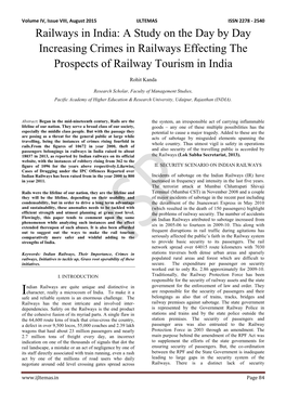 Railways in India: a Study on the Day by Day Increasing Crimes in Railways Effecting the Prospects of Railway Tourism in India