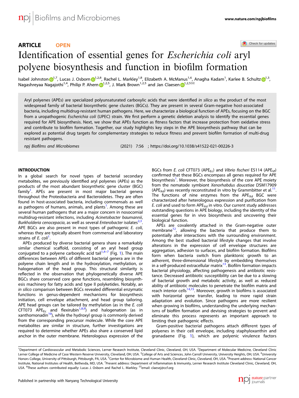 Identification of Essential Genes for Escherichia Coli Aryl Polyene