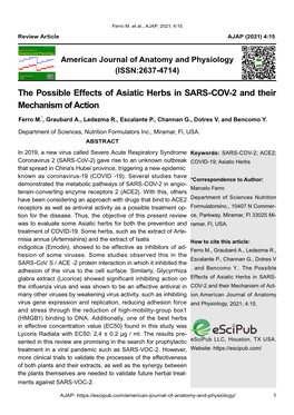 The Possible Effects of Asiatic Herbs in SARS-COV-2 and Their Mechanism of Action