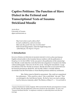 The Function of Slave Dialect in the Fictional and Transcriptional Texts of Susanna Strickland Moodie