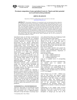 Proximate Composition of Some Agricultural Wastes in Nigeria and Their Potential Use in Activated Carbon Production