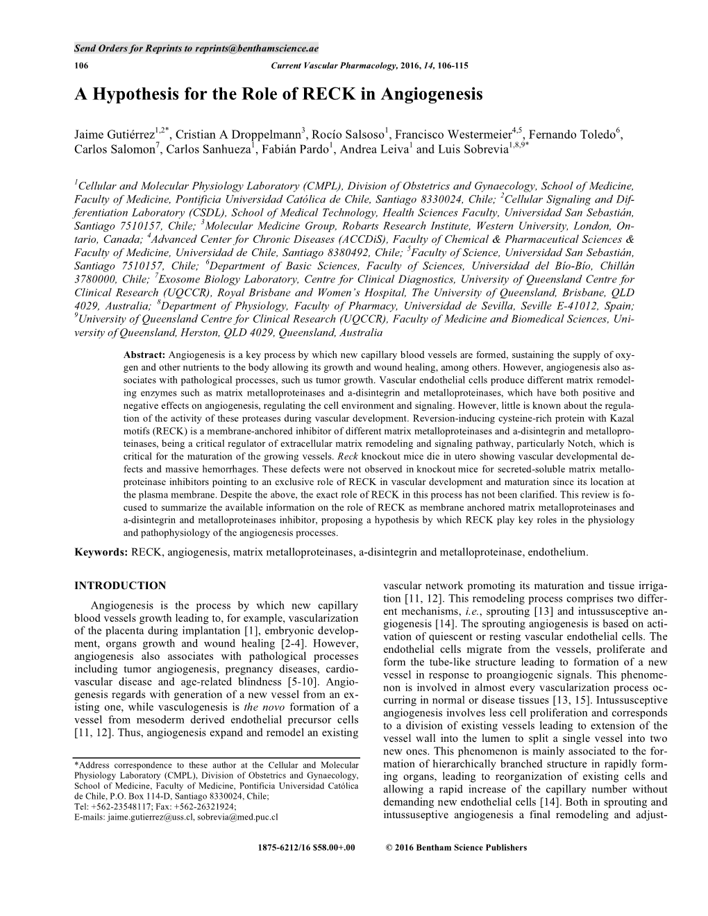 A Hypothesis for the Role of RECK in Angiogenesis