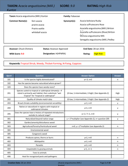 Acacia Angustissima (Mill.) SCORE: 9.0 RATING: High Risk Kuntze