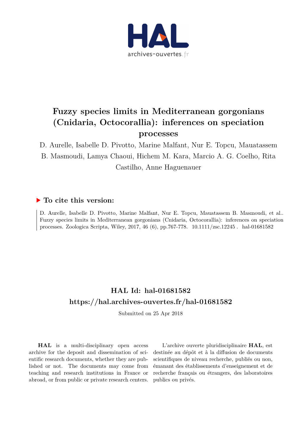 Fuzzy Species Limits in Mediterranean Gorgonians (Cnidaria, Octocorallia): Inferences on Speciation Processes D