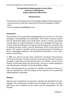 The Superfamily Calopterygoidea in South China: Taxonomy and Distribution. Progress Report for 2009 Surveys Zhang Haomiao* *PH D