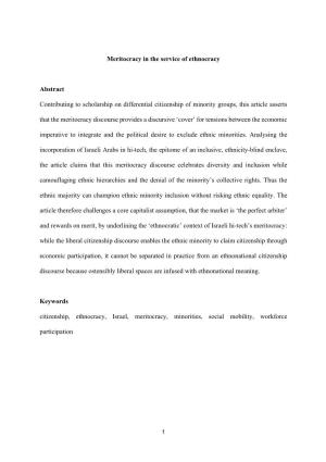 Meritocracy in the Service of Ethnocracy Abstract Contributing to Scholarship on Differential Citizenship of Minority Groups, T