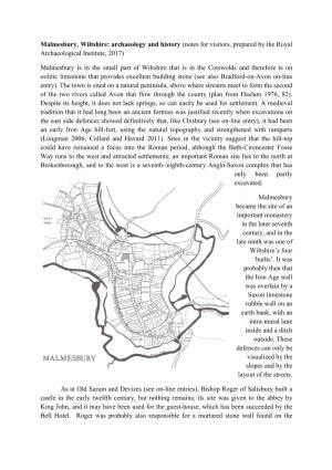 Malmesbury, Wiltshire: Archaeology and History (Notes for Visitors, Prepared by the Royal Archaeological Institute, 2017) Malmes