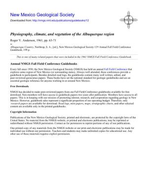 Physiography, Climate, and Vegetation of the Albuquerque Region Roger Y