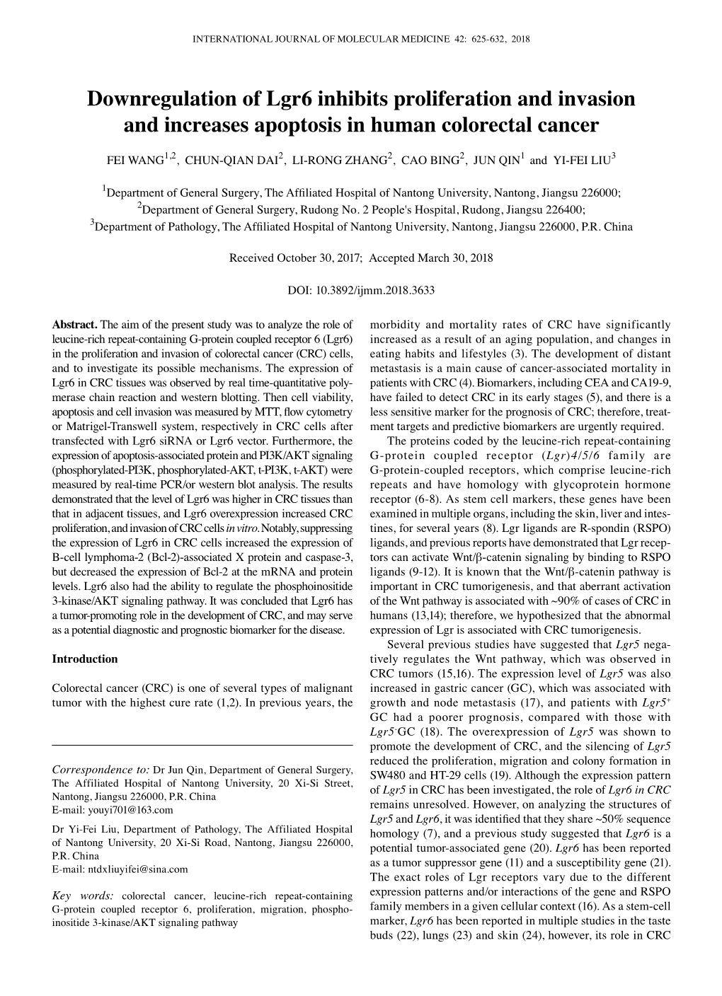 Downregulation of Lgr6 Inhibits Proliferation and Invasion and Increases Apoptosis in Human Colorectal Cancer