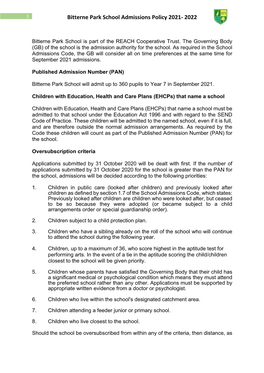 Bitterne Park School Admissions Policy 2021-2022