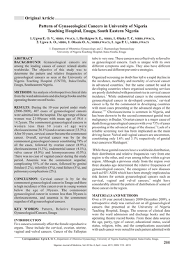 Original Article Pattern of Gynaecological Cancers in University of Nigeria Teaching Hospital, Enugu, South Eastern Nigeria