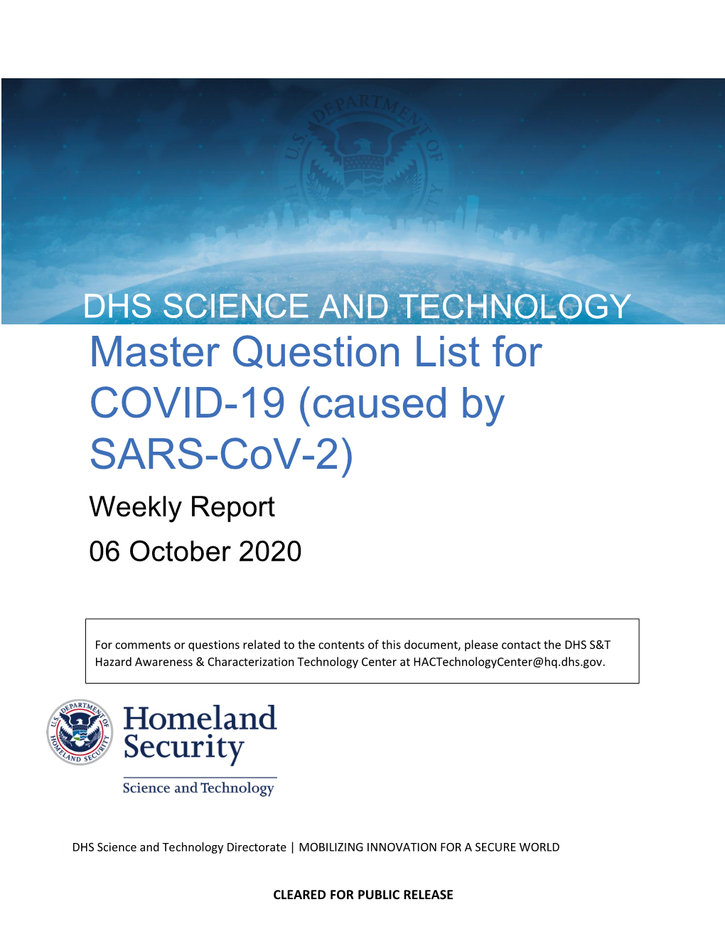 Master Question List for COVID-19 (Caused by SARS-Cov-2) Weekly Report 06 October 2020