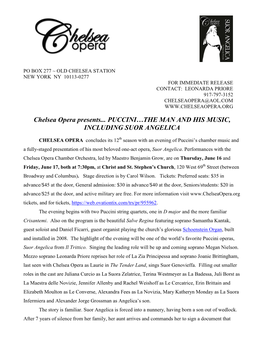Chelsea Opera Presents... PUCCINI…THE MAN and HIS MUSIC, INCLUDING SUOR ANGELICA
