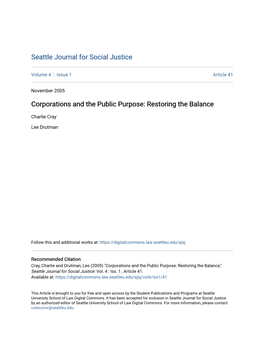 Corporations and the Public Purpose: Restoring the Balance