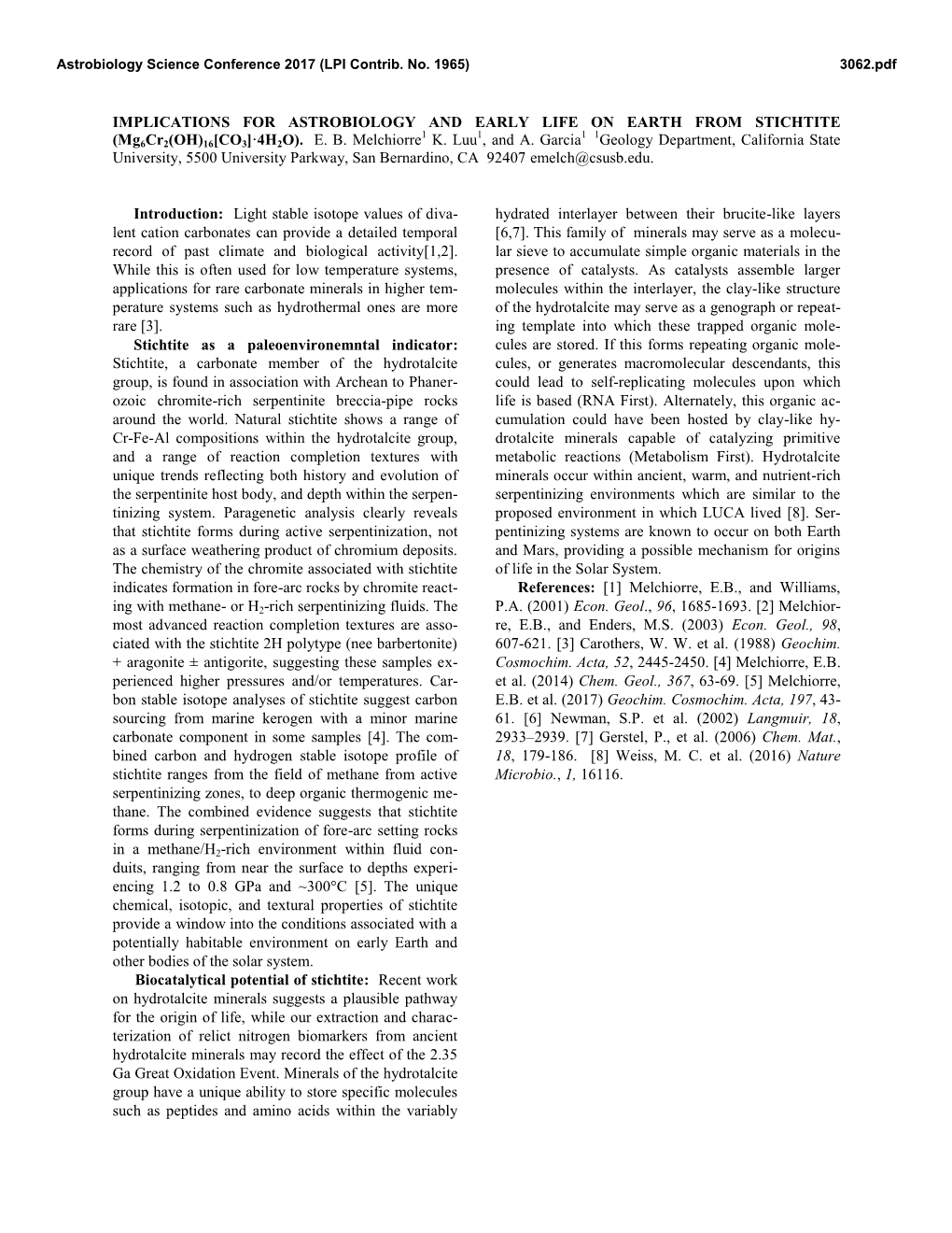 IMPLICATIONS for ASTROBIOLOGY and EARLY LIFE on EARTH from STICHTITE 1 1 1 1 (Mg6cr2(OH)16[CO3]·4H2O)